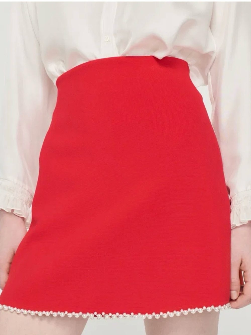 Sandro Red Mini Skirt with Pearl Hem